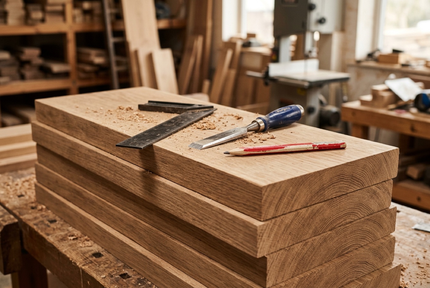 Solid oak stair treads stacked on a workshop bench